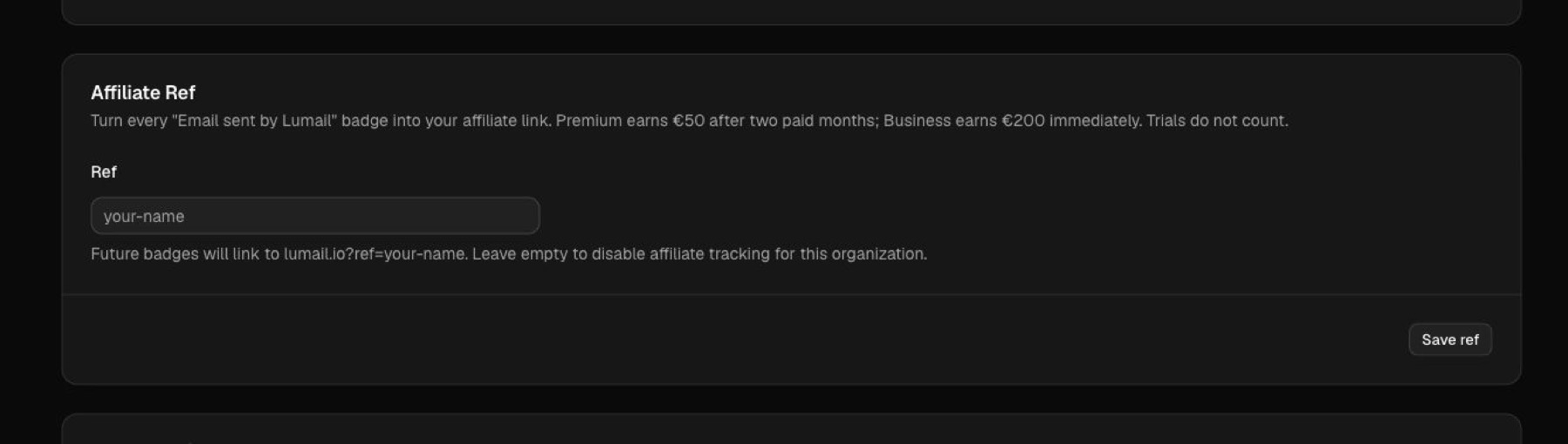 Affiliate ref connected to an organization badge