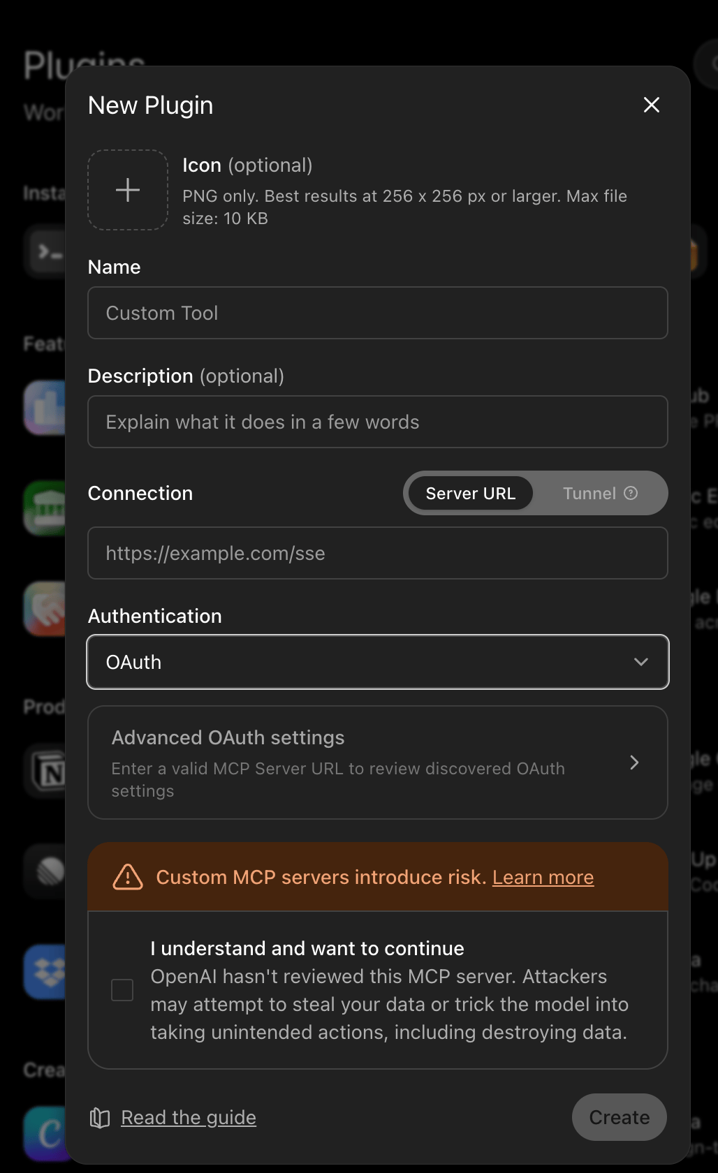 ChatGPT New Plugin form with Server URL and OAuth authentication fields
